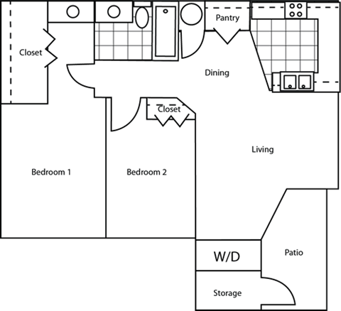 A floor plan of a house with two bedrooms, a pantry, a dining area, a living room, a patio, and storage.